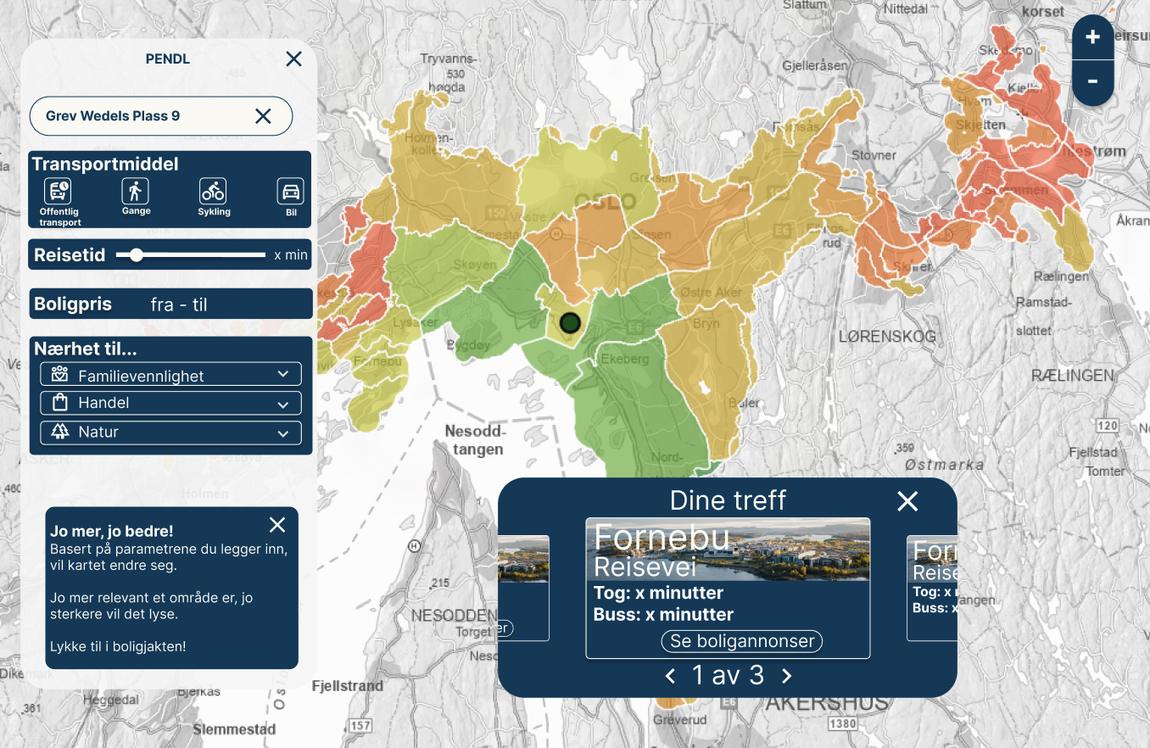 The finished PendL interface: a navy sidebar holding address, transport mode, travel-time slider, price range and three proximity filters, beside a map of the Oslo region where areas are shaded from red through orange to green.