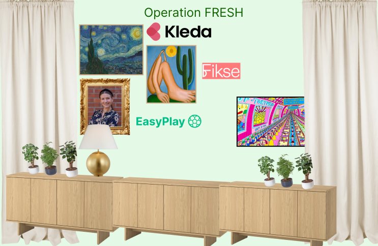 An Operation Fresh board: light curtains, framed art and member logos on a green wall, plants along a light oak cabinet.