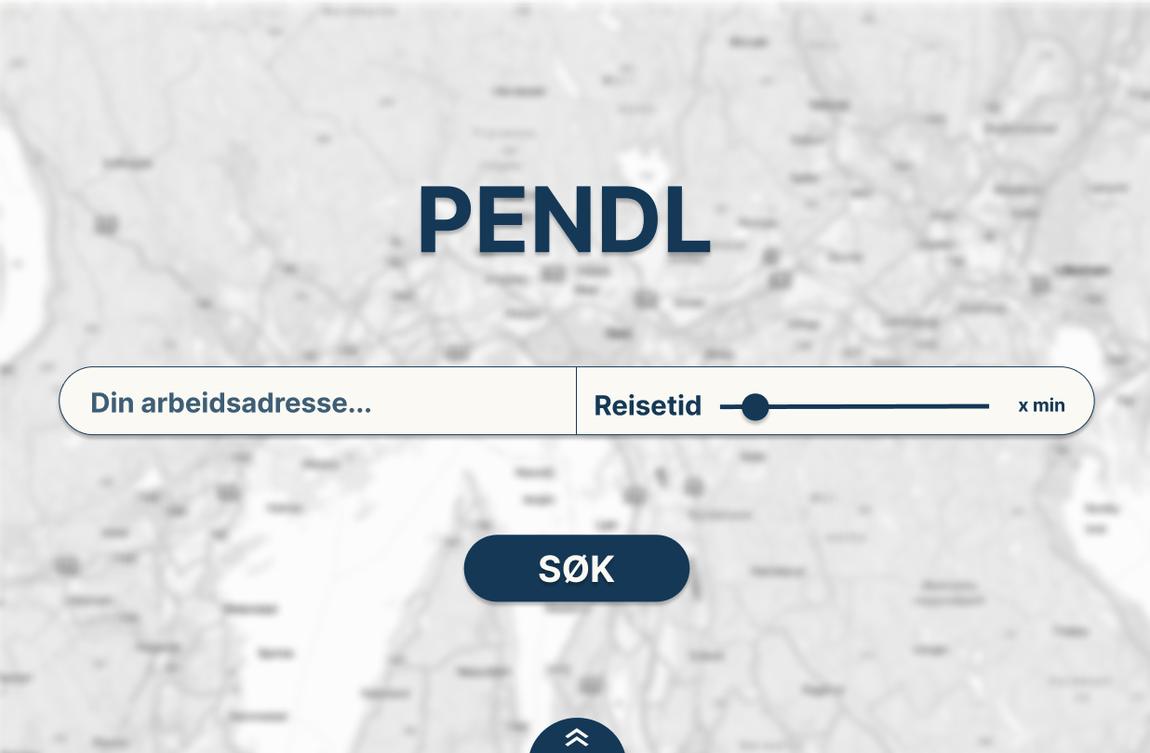 The PendL landing screen: the name in large navy type over a faded map, with a work-address field, a travel-time slider and a search button.
